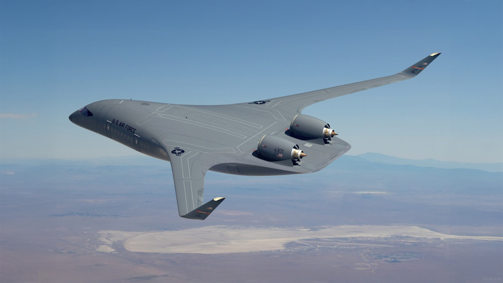 A rendering of JetZero’s new blended wing body Aircraft.