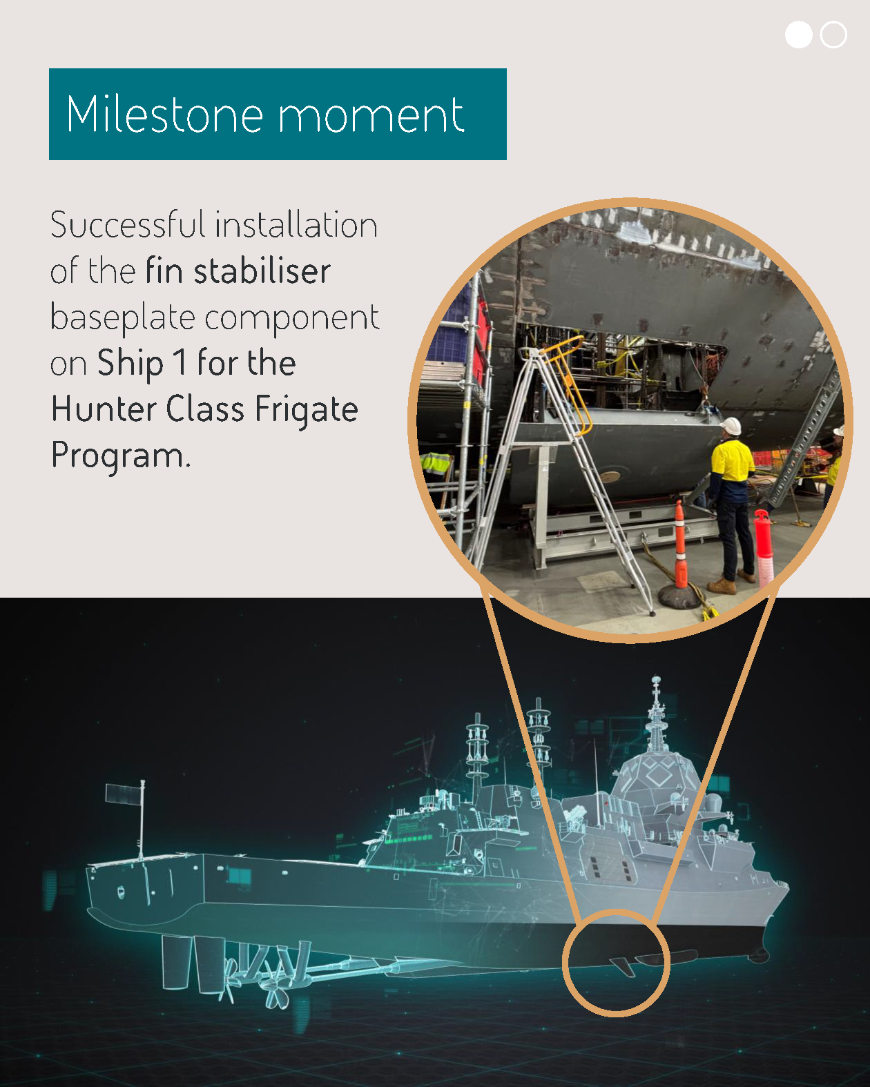 A workman stands looking at the hull of a ship, as a large section is moved into position with a chain. This image is connected to a larger image of the full ship with a circle around the fin. 