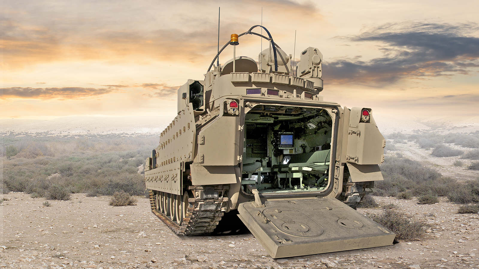 Rear view of a M3A3 Bradley US Cavalry Fighting Vehicle, one of many military ground vehicles that can employ the BAE Systems Check 6 rear vision system for higher-quality situational awareness. 