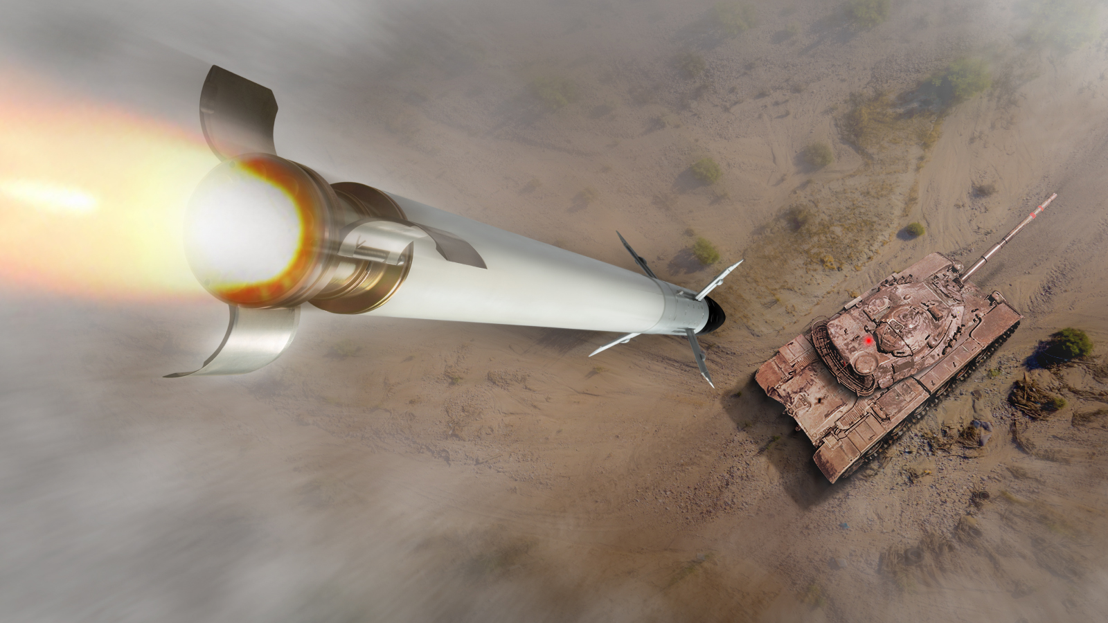 A rocket guided by an APKWS guidance kit descends on an armored vehicle.