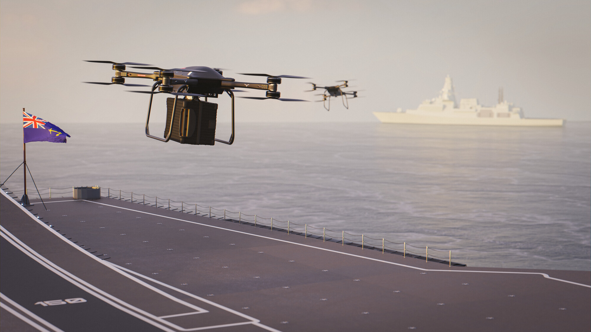 A concept image of the T-150 asset completing a ship-to-ship logistics supply mission.