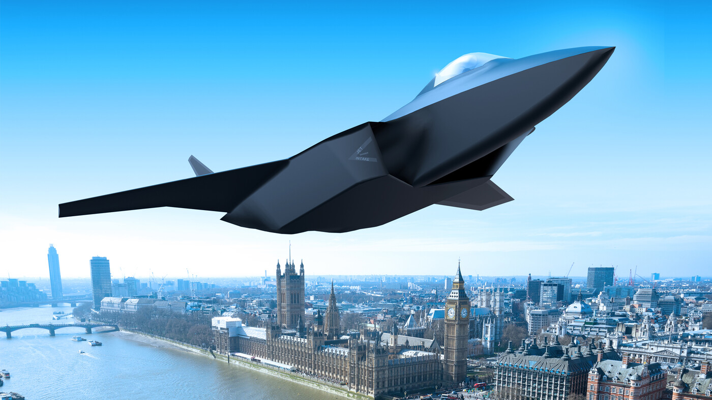 Artists impression of Tempest next generation combat aircraft over London