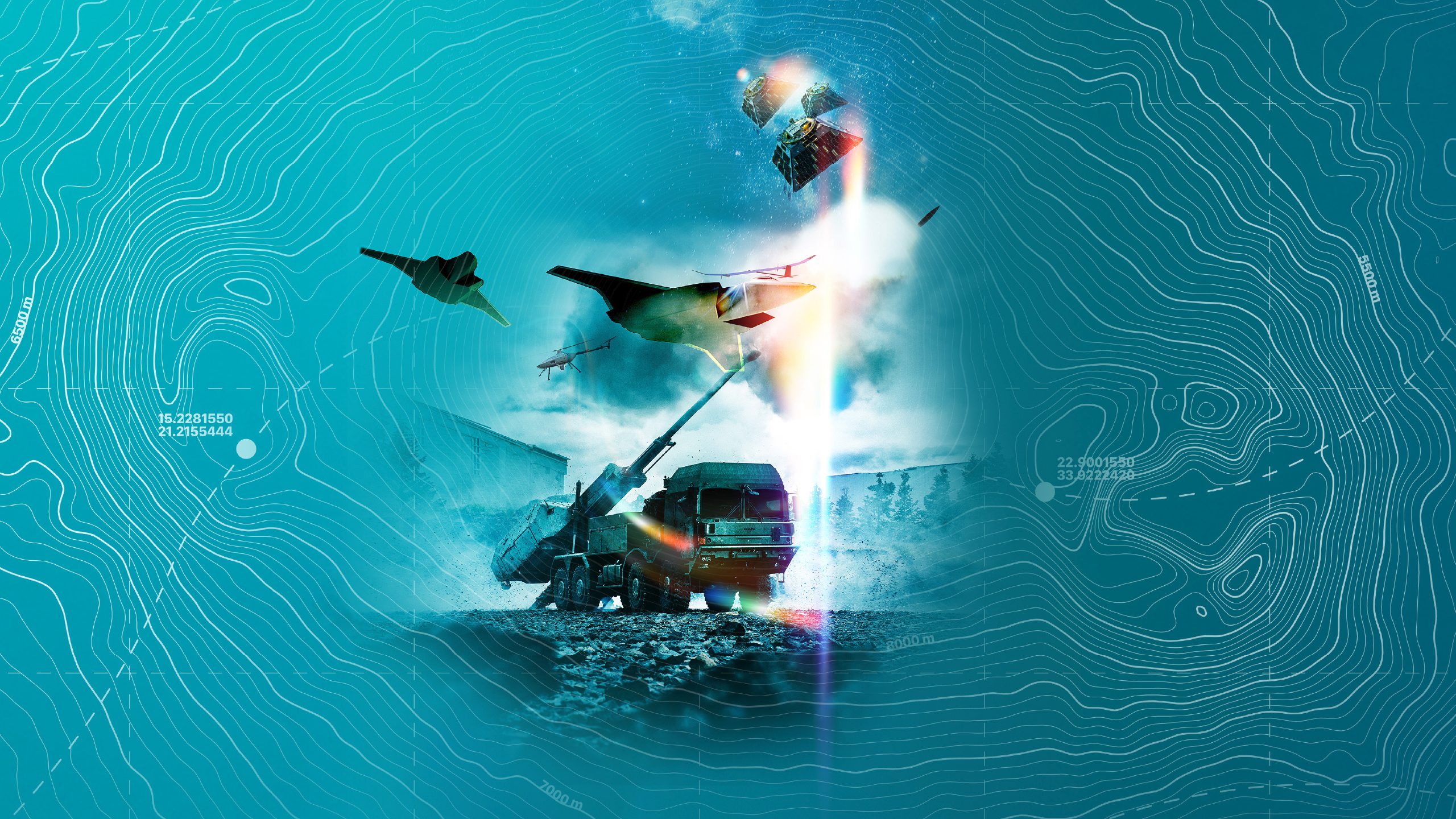 Composite image featuring fighter jets, drones and rocket launcher on a topographic map