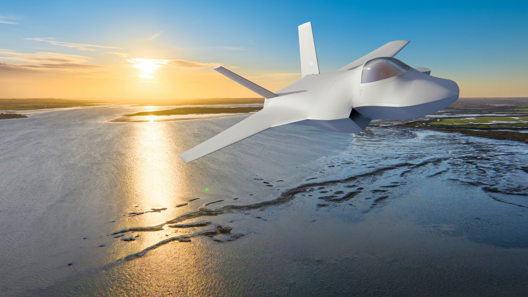 CGI image of the Combat Air Flying Demonstrator over the River Blackwater in Essex, UK.