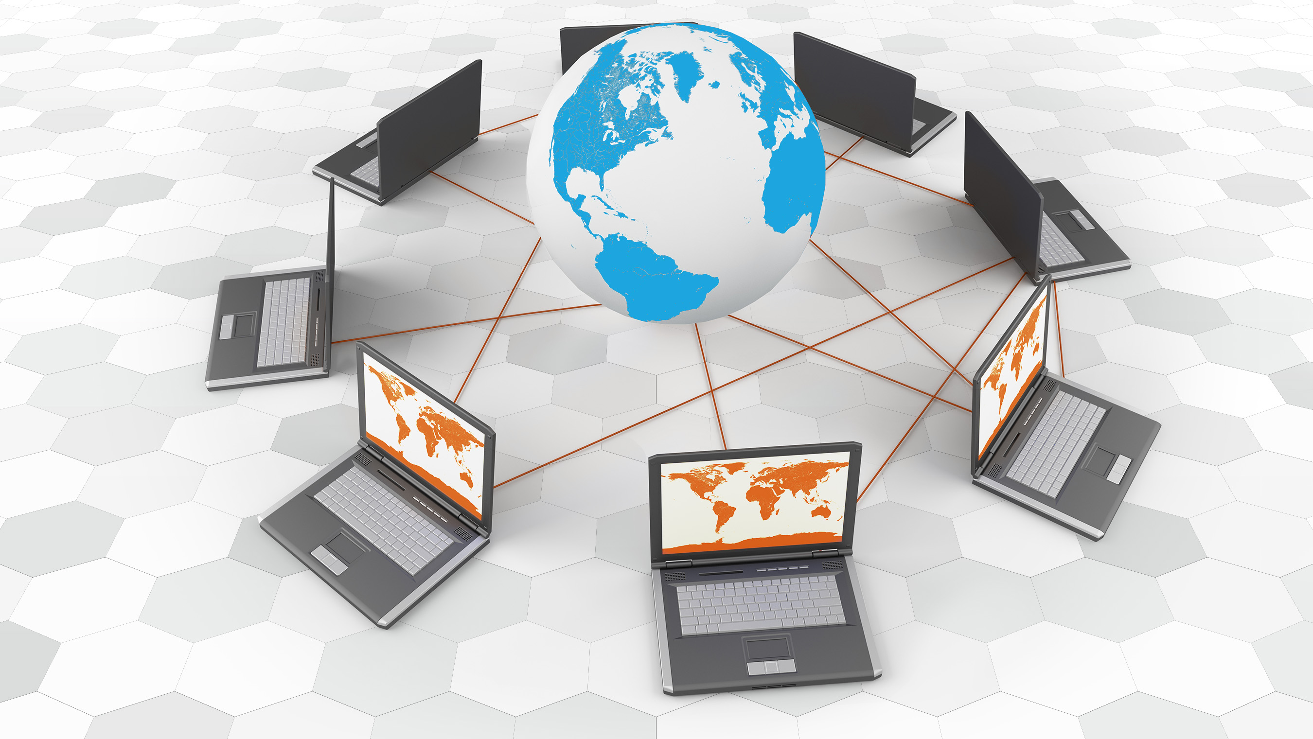 Laptop computers networked in a circle around Earth, symbolizing that BAE Systems’ STOP high assurance operating system protects high value data worldwide for the DoD, intelligence partners, and others.