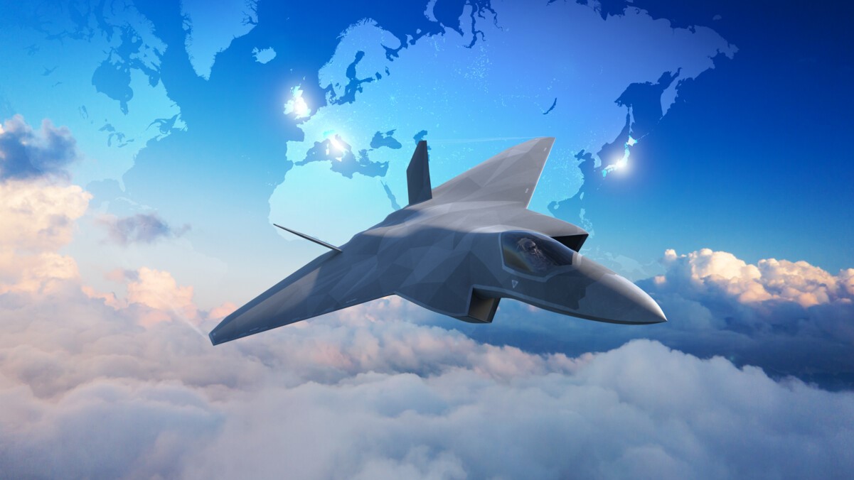 A CGI of a GCAP aircraft over a globe with the UK, Italy and Japan highlighted