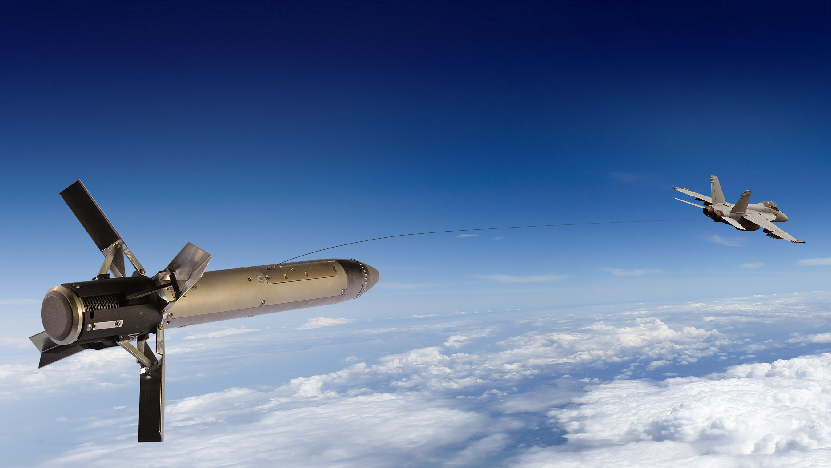Our AN/ALE-55 fiber-optic towed decoy pulled by an F/A-18 Hornet aircraft for off-board RF self-protection from current and future missile threats.