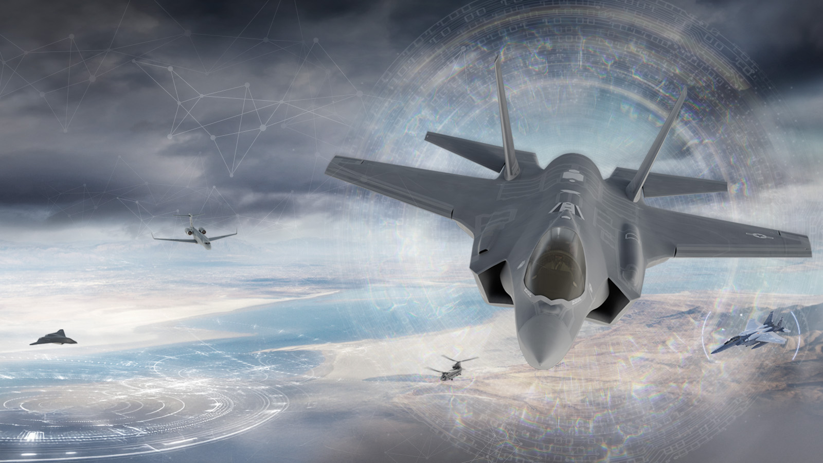 Five types of military aircraft flying over a gulf, all of which benefit from the incredible electronic support, electronic protection, electronic attack, and C4ISR capabilities developed by our FAST Labs R&D team.