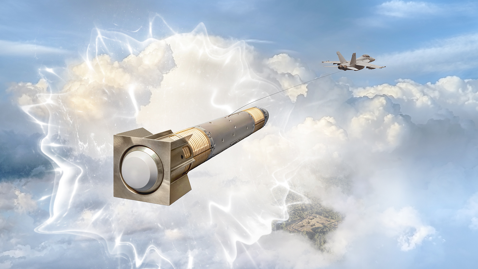 BAE Systems’ next-generation Dual Band Decoy self-contained EW jammer deployed by a fighter jet.