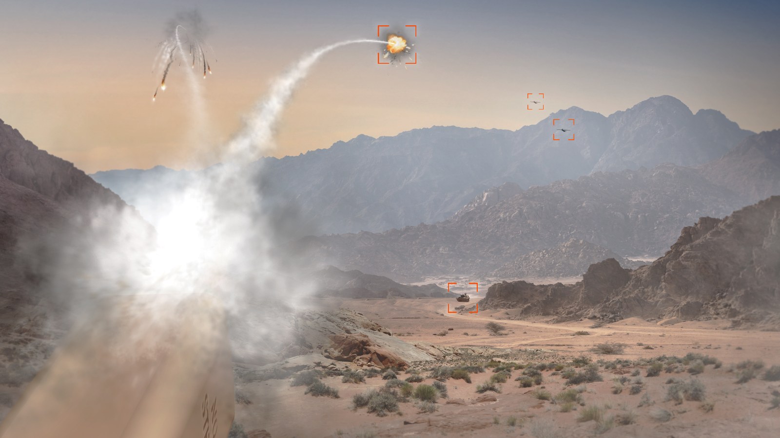 An APKWS laser-guidance kit equipped rocket strikes an airborne target. Additional targets are seen in the distance.