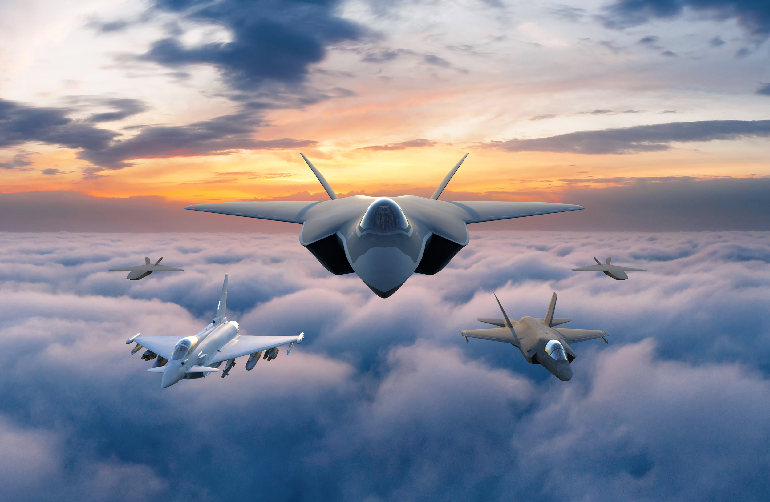 Concept imagery showing Tempest flying alongside Typhoon and F-35, flanked by two unmanned air vehicles