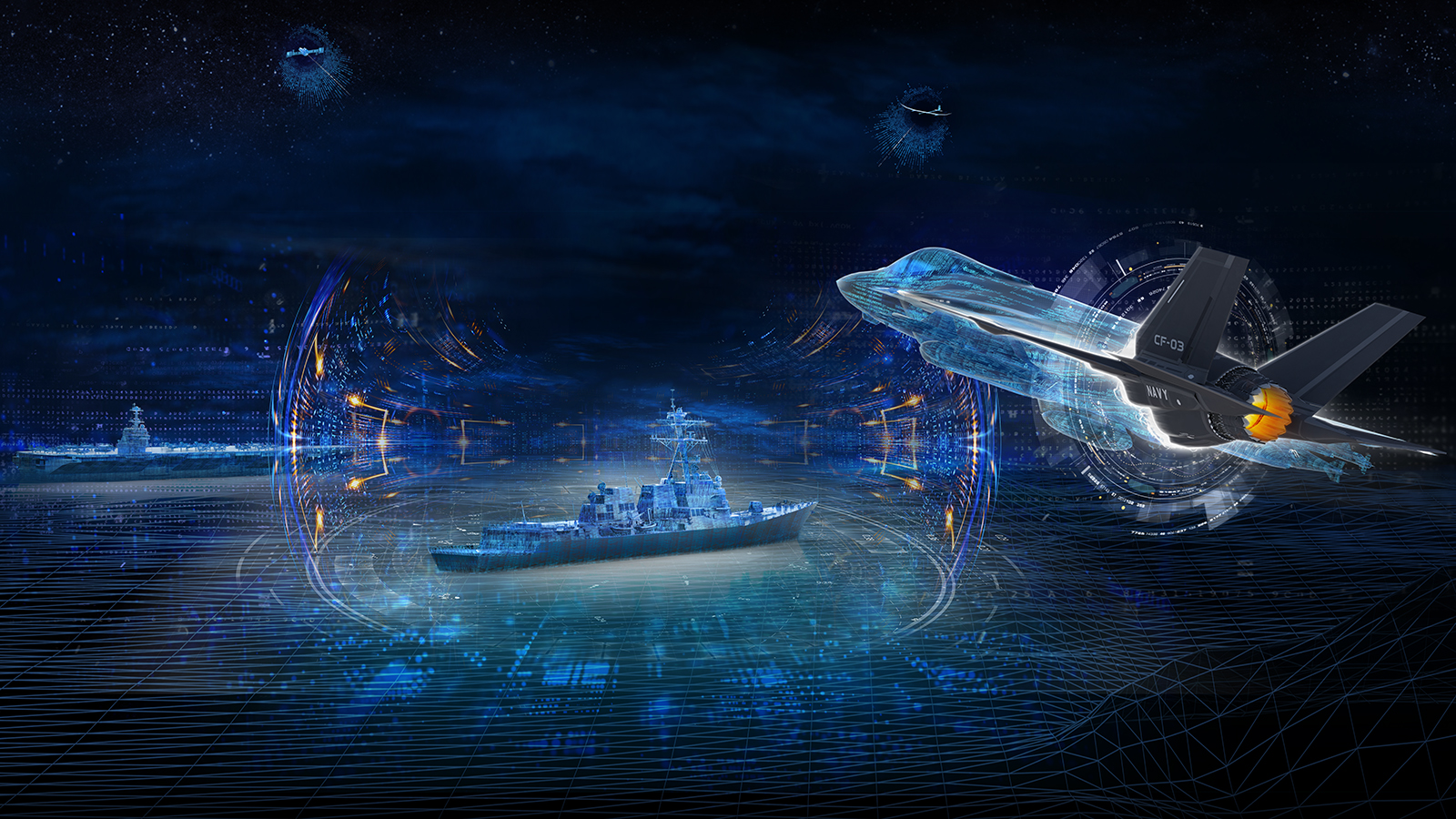 Illustration of data connecting air, land, sea, and space platforms to maximize situational awareness using BAE Systems’ integrated CNI systems. 