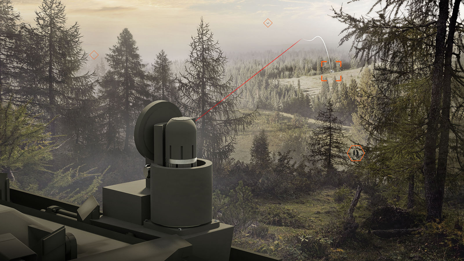 TERRA RAVEN laser head mounted atop a military ground vehicle stopped in a forested battle space, a laser firing to protect itself and others from anti-tank missiles.