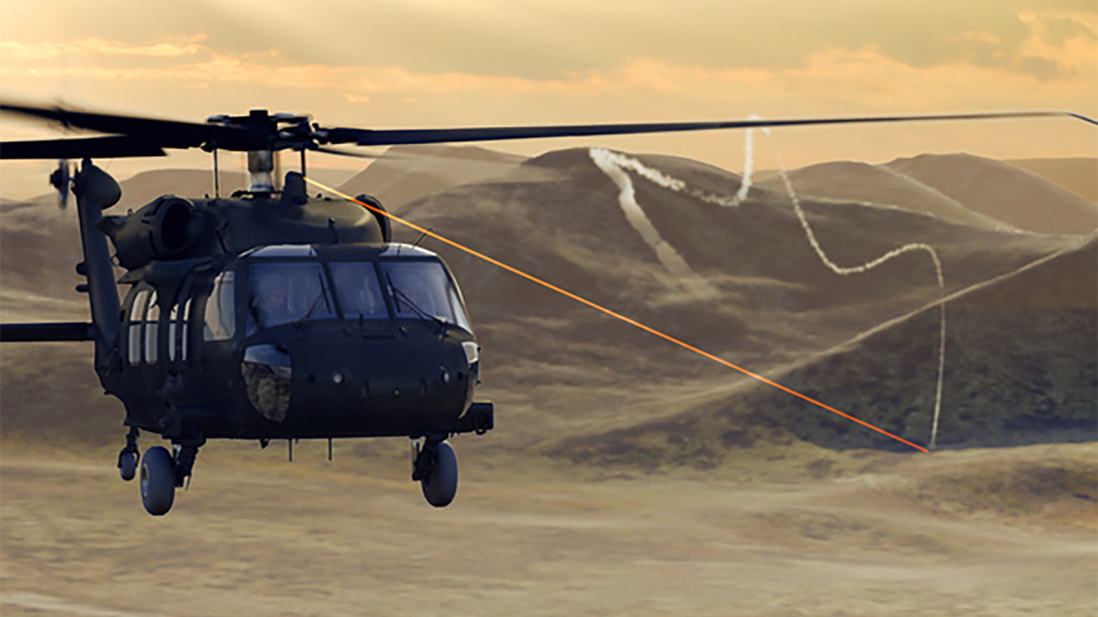 A Black Hawk helicopter flies over rough terrain with illustrated IR beam connecting copter and ground, depicting a threat the advanced EO/IR countermeasures system is designed to overcome. 