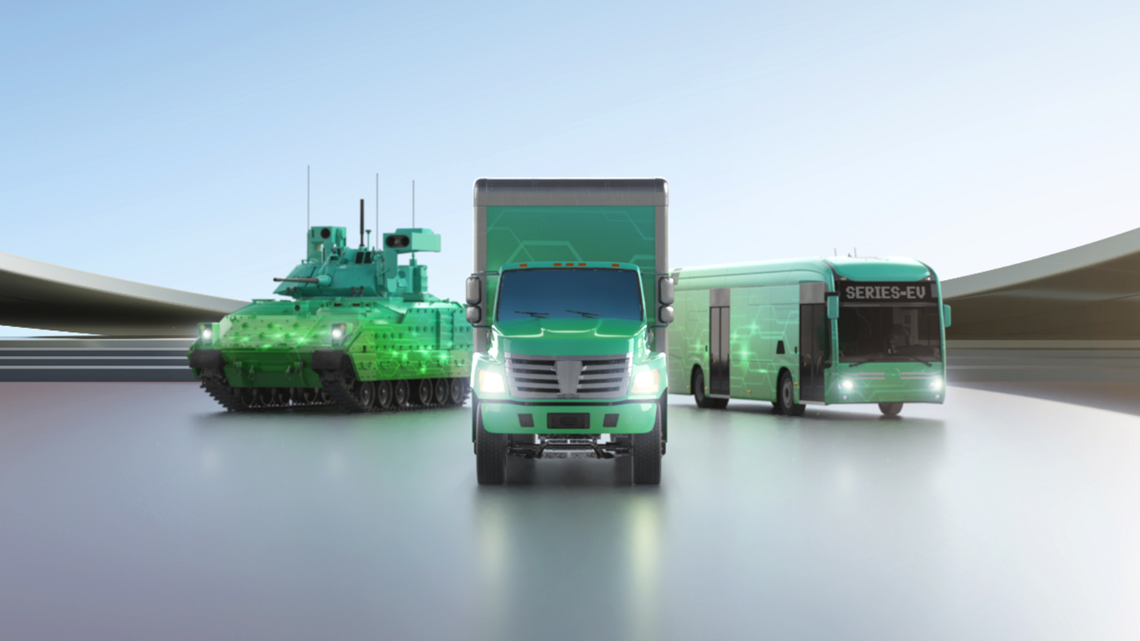 A military tank, commercial truck, and city bus, all coated in glowing electrical circuits to indicate they are key platforms for BAE Systems electric and hybrid vehicle propulsion systems. 