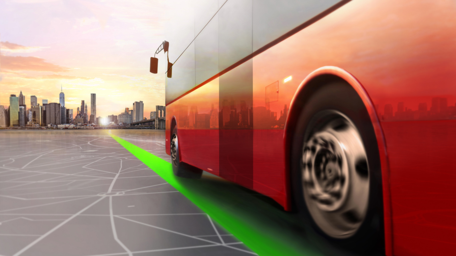 Hybrid electric bus moving on green line toward city