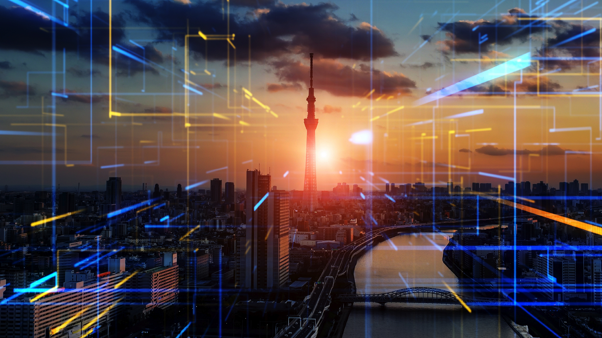 Japanese skyline with digital overlay