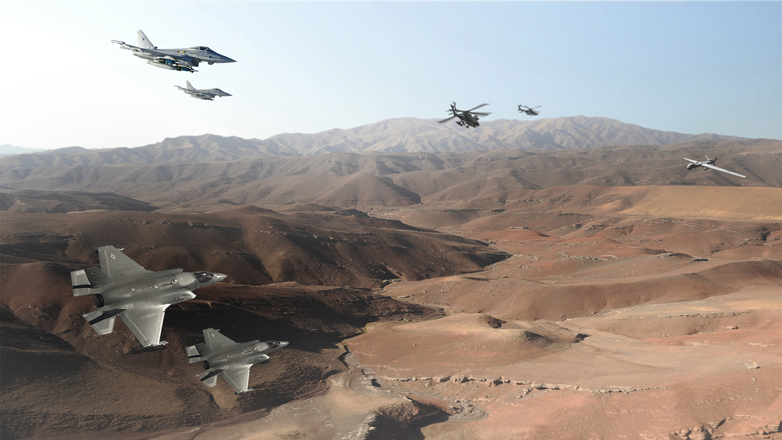 Fixed-wing, rotary-wing, and UAVs fly over a desert battle space, supported by the latest airborne embedded GPS receiver card technology, our ASR 3.7 GPS-Embedded Modules.