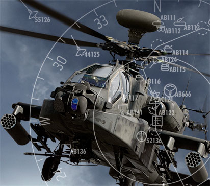 The AH-64 Apache Helicopter, overlayed with a Data Link Solutions terminal screen, whose highly reliable data links help maximize the mission performance and safety of hundreds of coalition forces aircraft.
