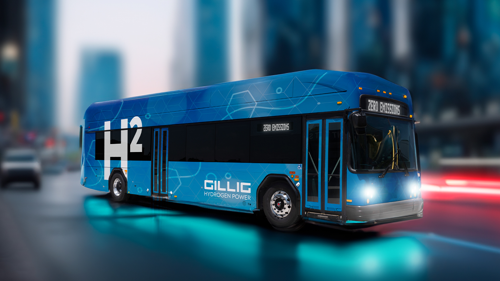 A Gillig hydrogen fuel cell transit bus at night