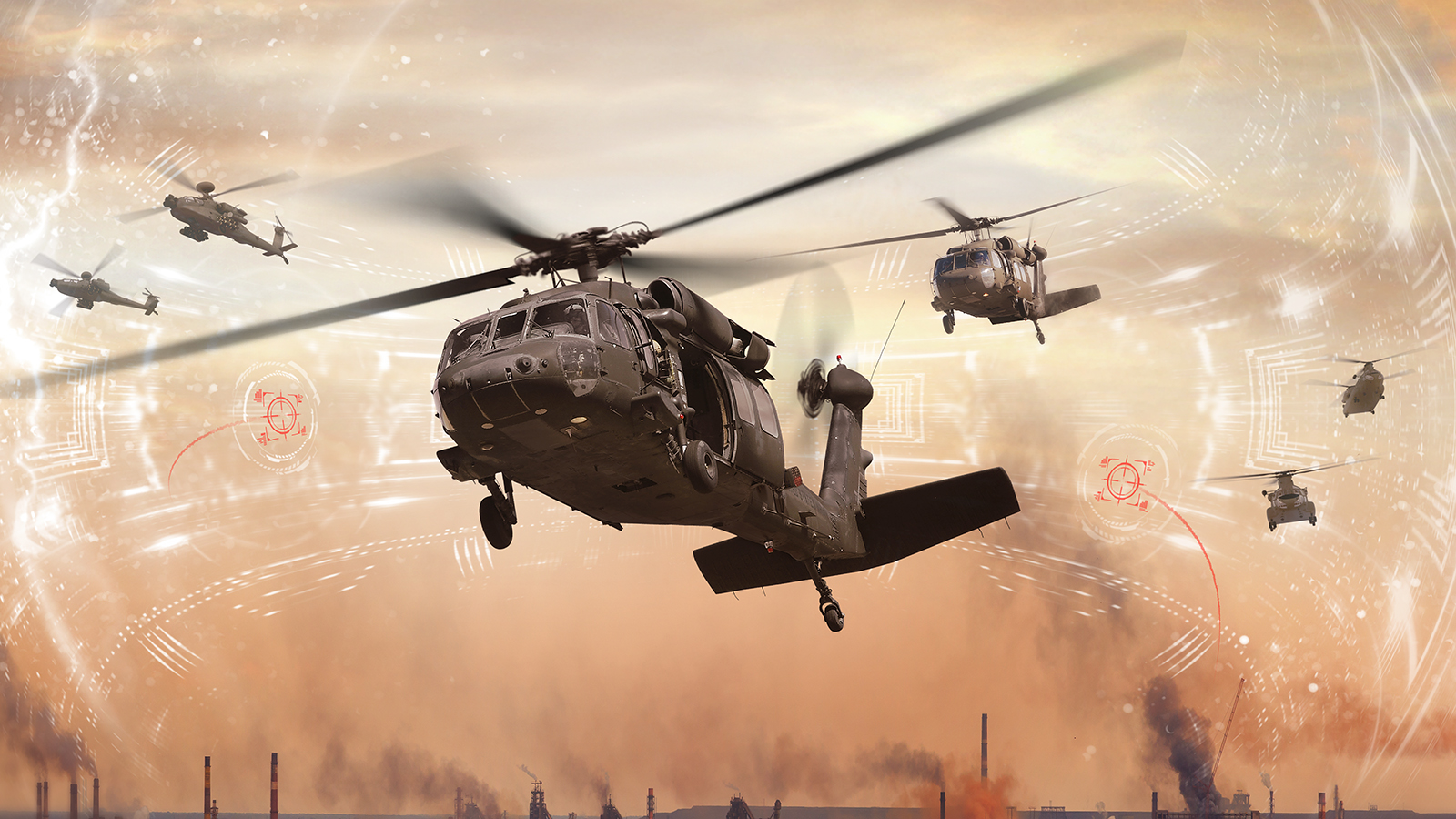 Black Hawk, Apache, and Chinook helicopters fly amid a dusky sky. Industrial smokestacks billow smoke below. An artist's digital overlay depicts aircraft protection technology.