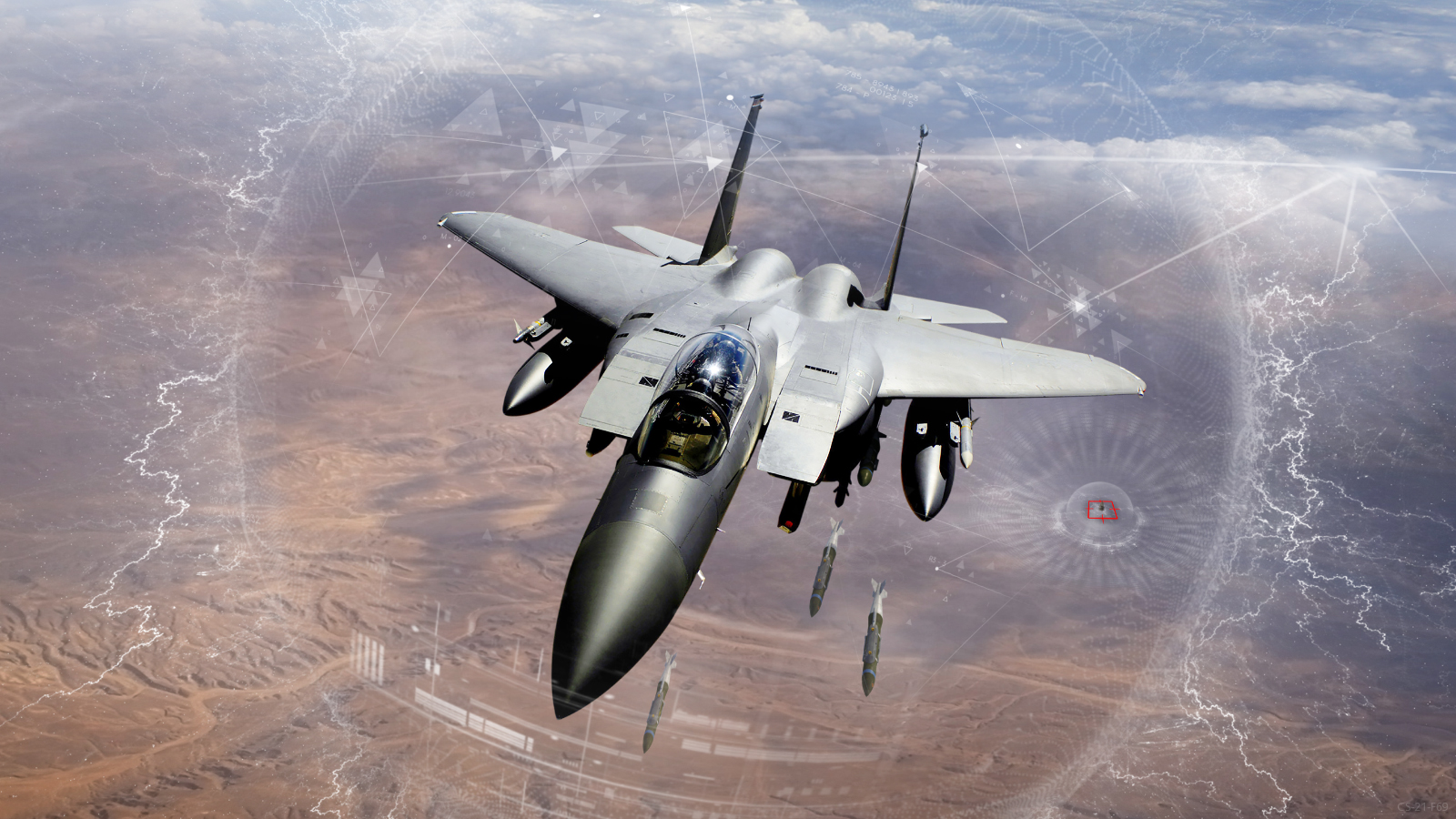 An F-15 flies over a desert scenario. An artist’s overlay depicts GPS capabilities.