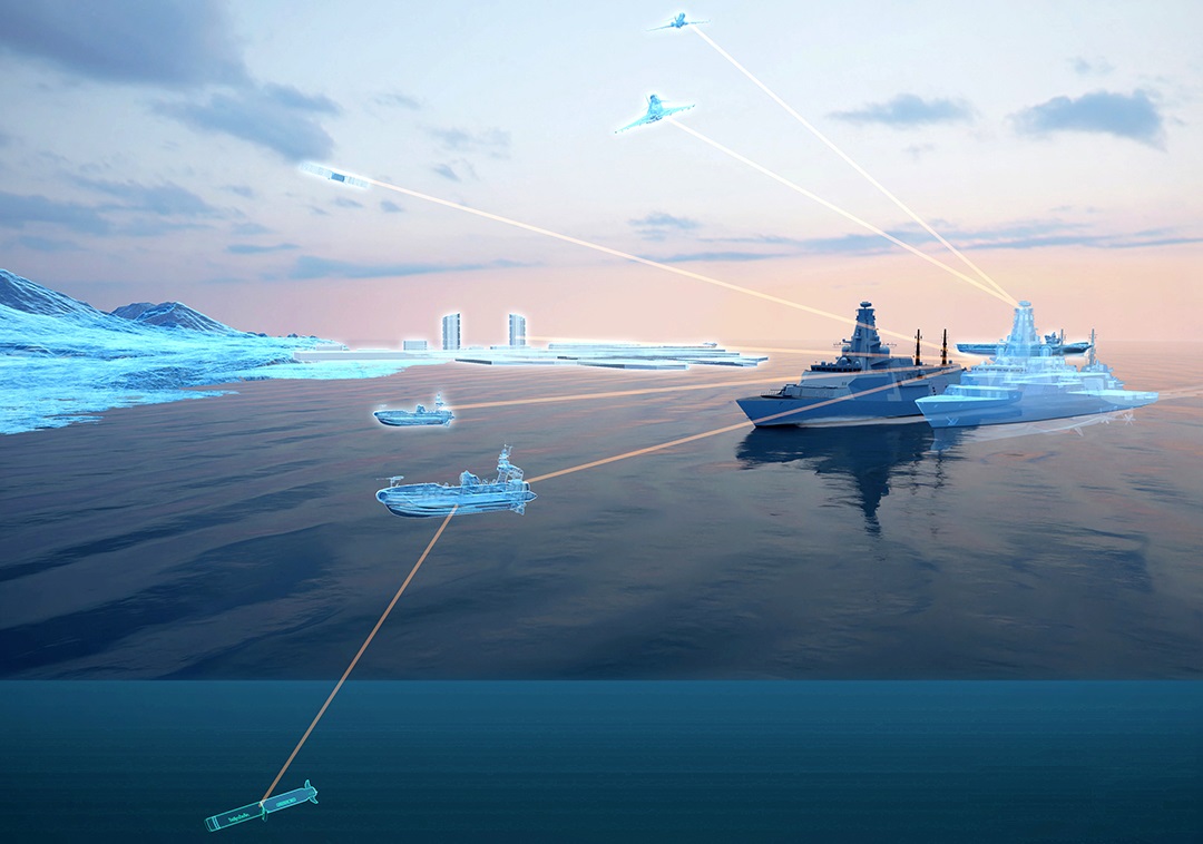 CGI image of multi-doman communication from a ship
