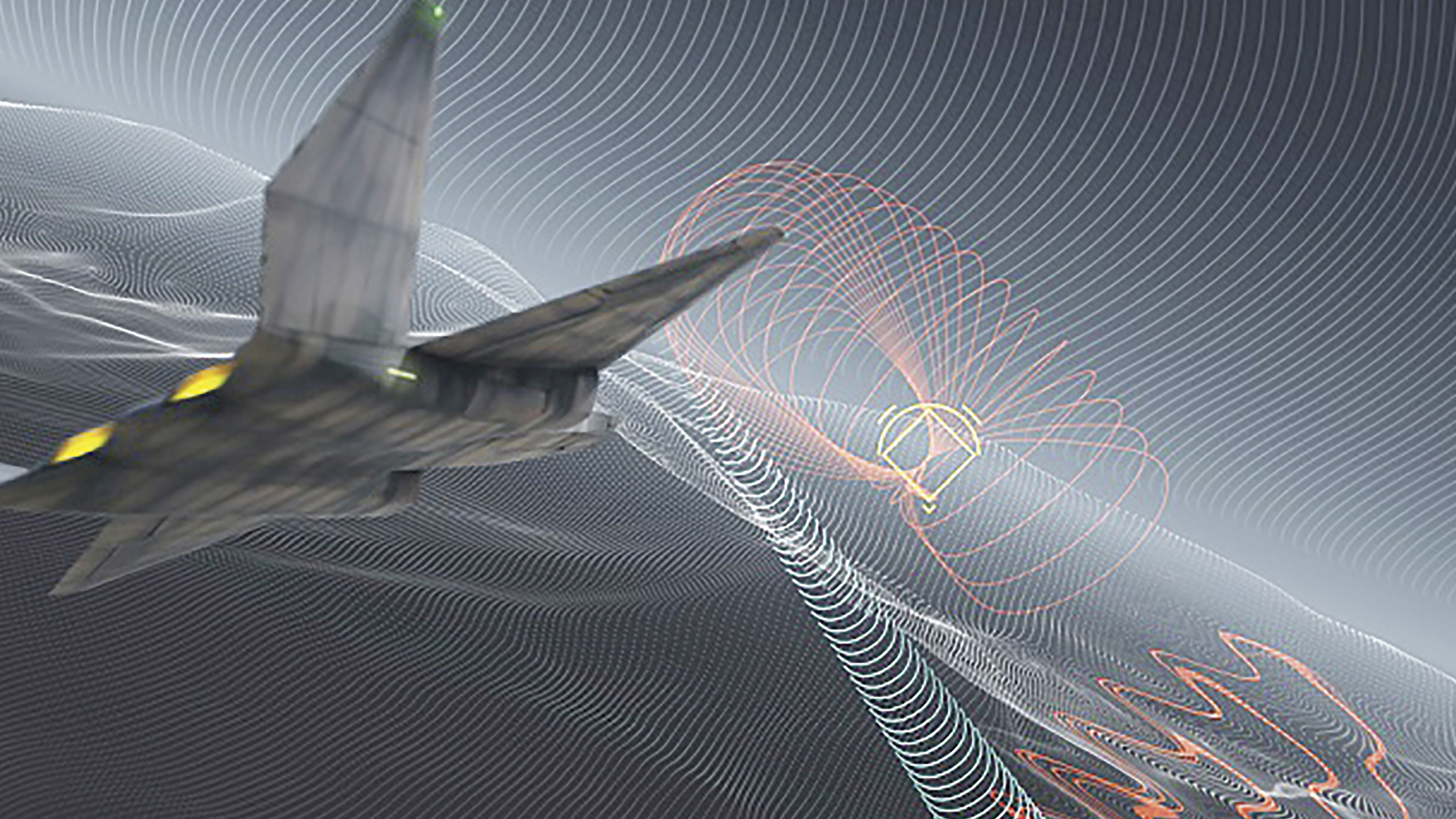 Artist rendering of an electronic warfare attack scenario in a fifth-generation fighter jet.