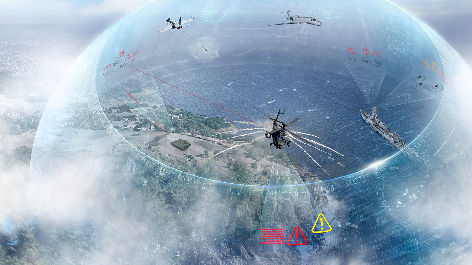 Illustrated eye-in-the-sky view of a military tank, helicopter, and ship in a coastal area all protected by a full-spectrum electromagnetic sphere to depict the BAE Systems Intrepid Shield approach.