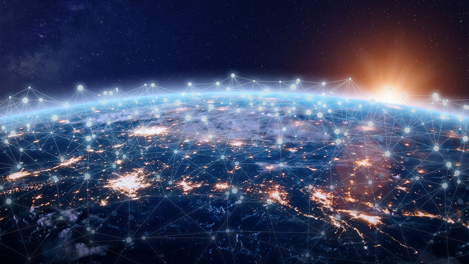 Earth’s horizon across ground, sea, sky, and into space, overlaid by a multi-level data network grid portraying the global reach and EW insight of BAE Systems’ advanced C4ISR technologies. 