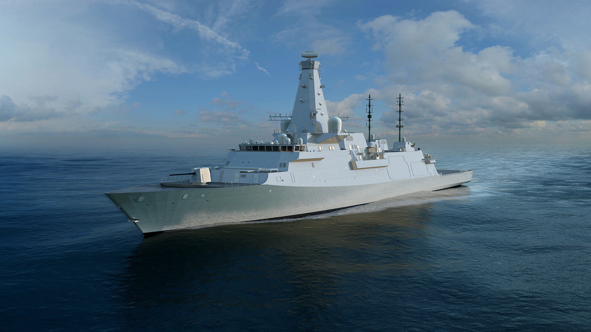 Royal Navy Type 26 Frigate with Mk 45 Maritime Indirect Fires System (MIFS) floating on the ocean