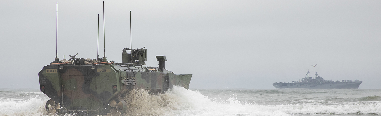 CAMP PENDLETON, Calif. (July 11, 2022) – An Amphibious Combat Vehicle (ACV) with the 3d Assault Amphibian Battalion, 1st Marine Division, prepares to approach the well deck of amphibious assault ship USS Makin Island (LHD 8), July 11