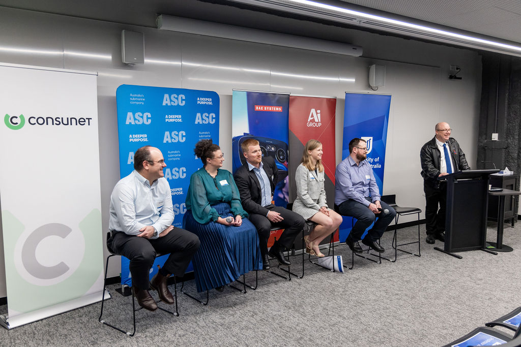 Industry panel hosted by UniSA Associate Professor Stewart Von Itzstein featuring degree apprentices Alicia and Daniel and panellists from BAE Systems, ASC and Consunet.
