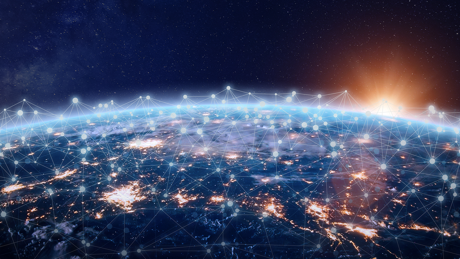 Earth’s horizon across ground, sea, sky, and into space, overlaid by a multi-level data network grid portraying the global reach and EW insight of BAE Systems’ advanced C4ISR technologies. 