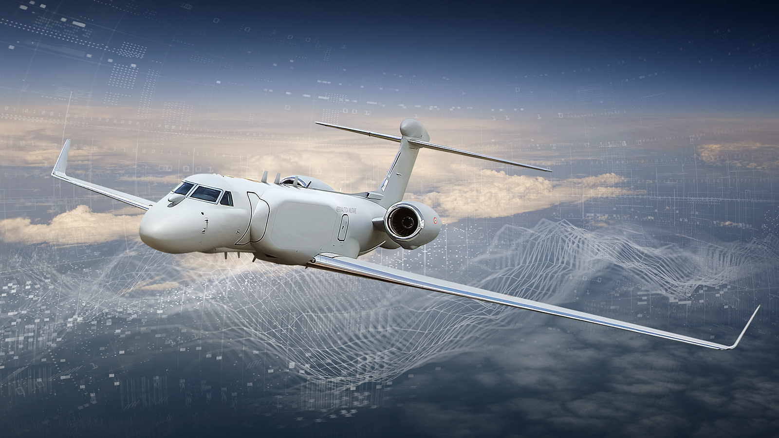 A modified G550 aircraft flies across the sky with clouds in the background. An artist’s rendering of electronic attack capabilities overlays the image.