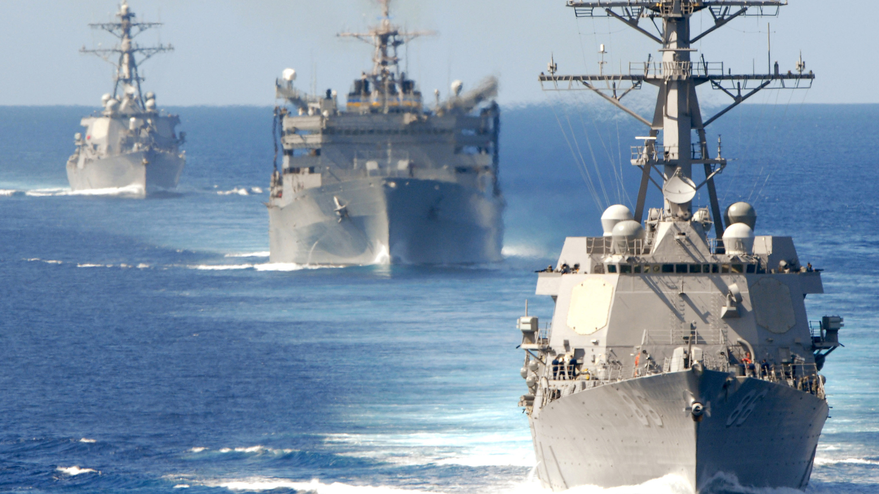 Three ships from U.S. Navy Carrier Strike Group 9 at sea, just a few of the many military vessels the LockNESS maritime defense system protects from current and evolving threats.