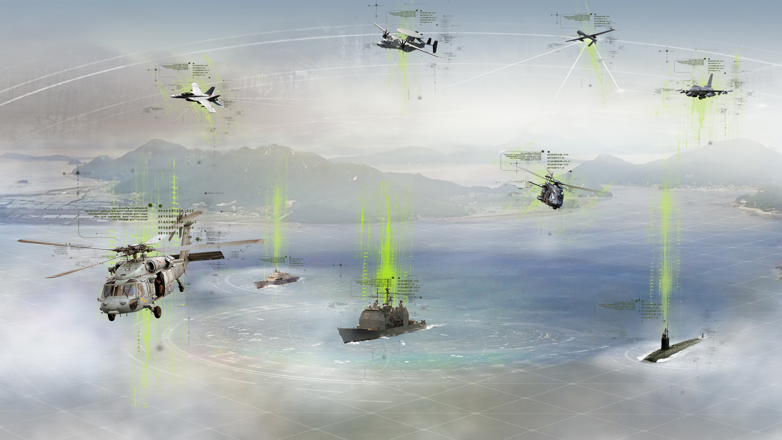 Different fixed-wing and rotary-wing aircraft and Navy ships sending identification friend or foe signals to each other