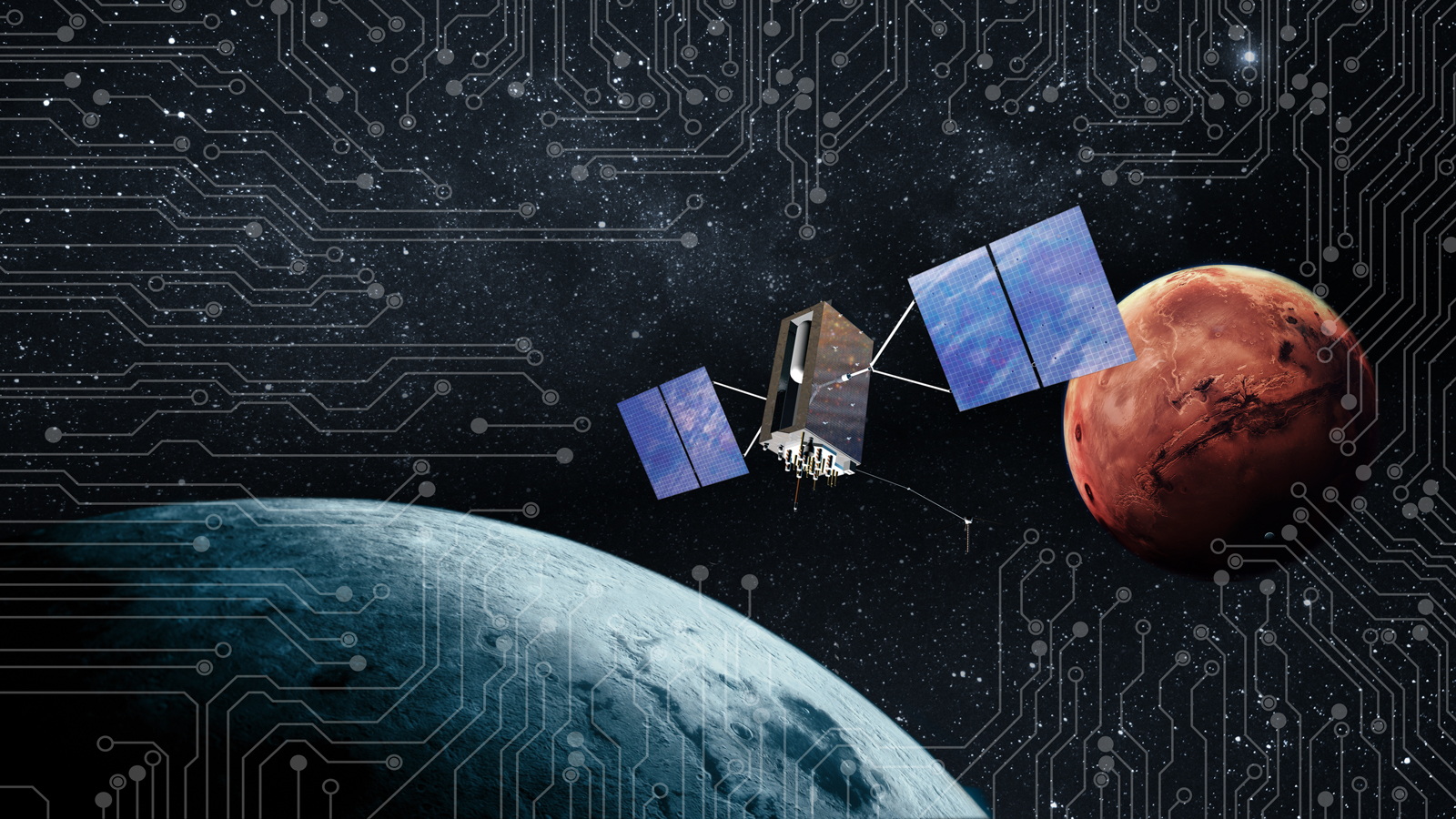 Satellite in space among planets showing different electronic circuit board symbols to power the computer