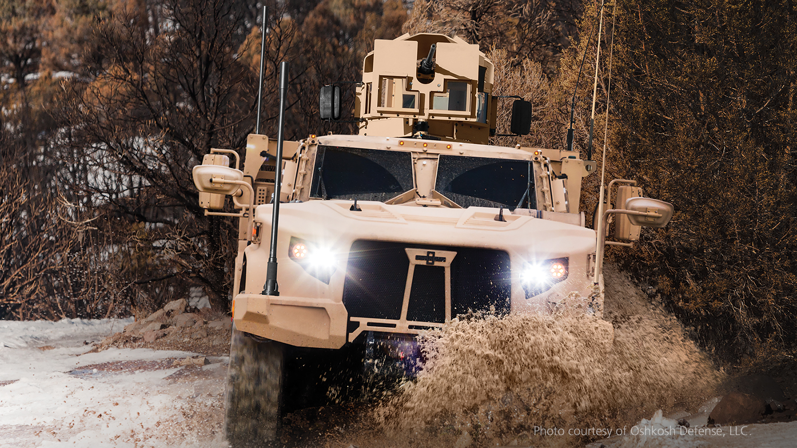 Front of an OshKosh JLTV, one of many platforms on which the BAE Systems MPE-M miniature PLGR engine receiver with SAASM functionality for more security and anti-jamming to increase mission success. 