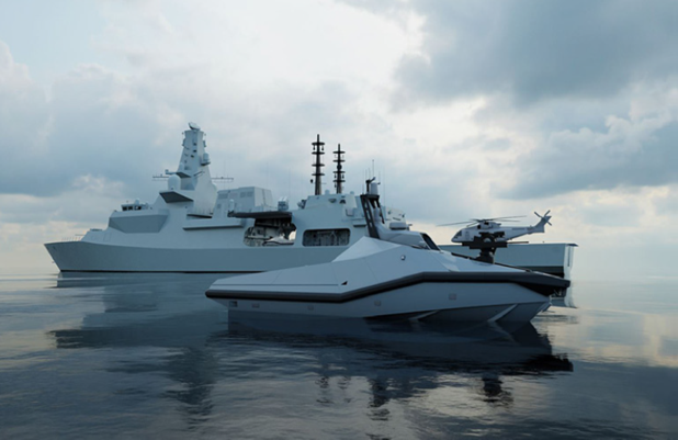 CGI image of Uncrewed Surface Vessel alongside Global Combat Ship