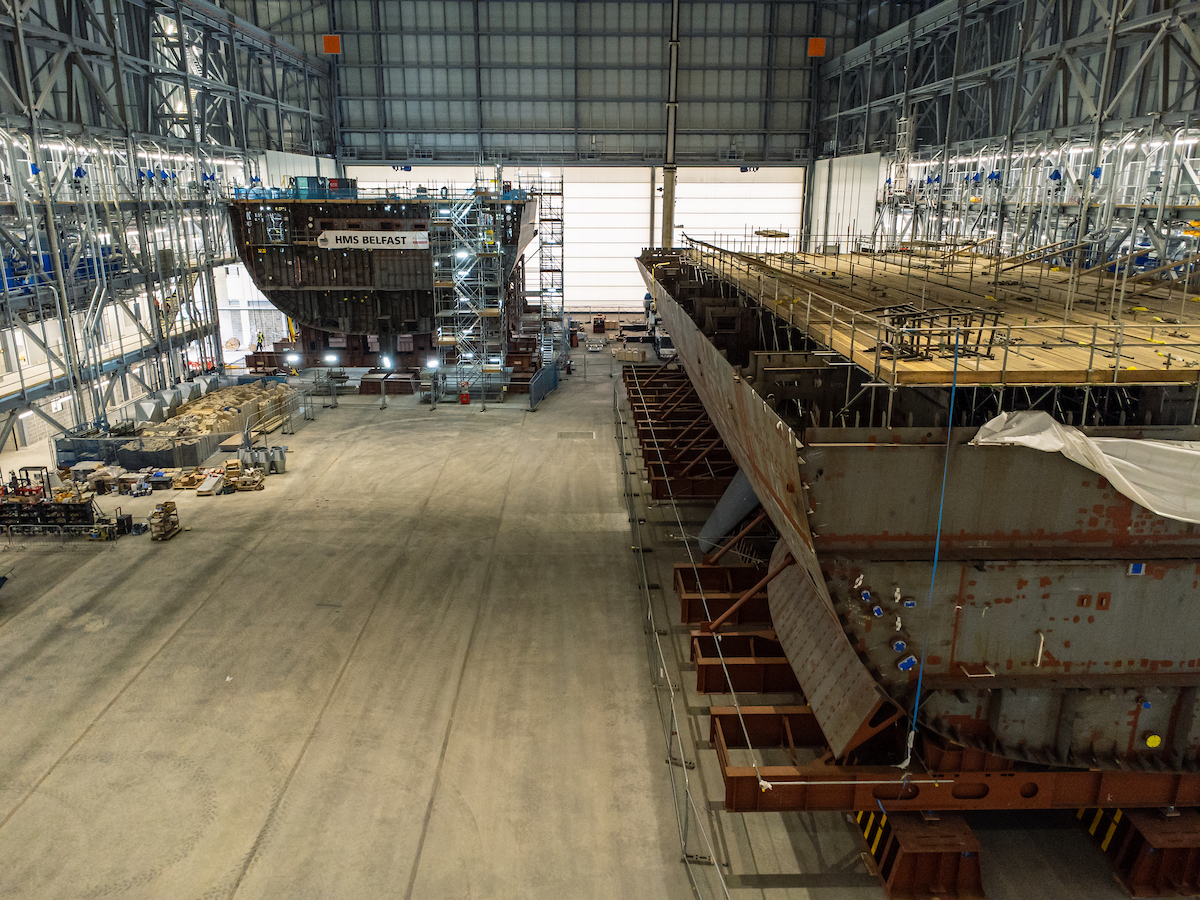 Image inside the Janet Harvey Hall, ship blocks under scaffold