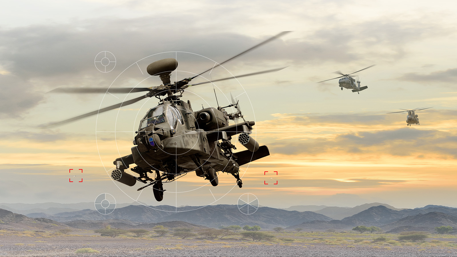 Three helicopters fly over potentially-hostile territory. Our proven, adaptable AN/AAR-57 CMWS makes rotary-wing aircraft like these and fixed-wing aircraft far less vulnerable to IR missile threats. 