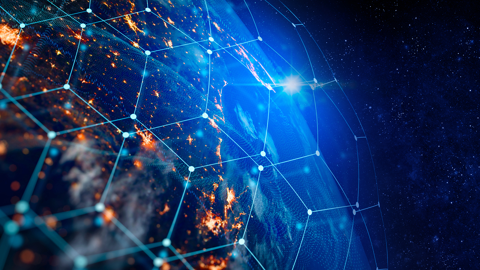 Earth depicted from space above metropolitan areas, overlaid with an illustrated GPS network encompassing the planet to reinforce BAE System’s navigation and guidance solutions for airborne, guidance, communications, attack, and protection. 