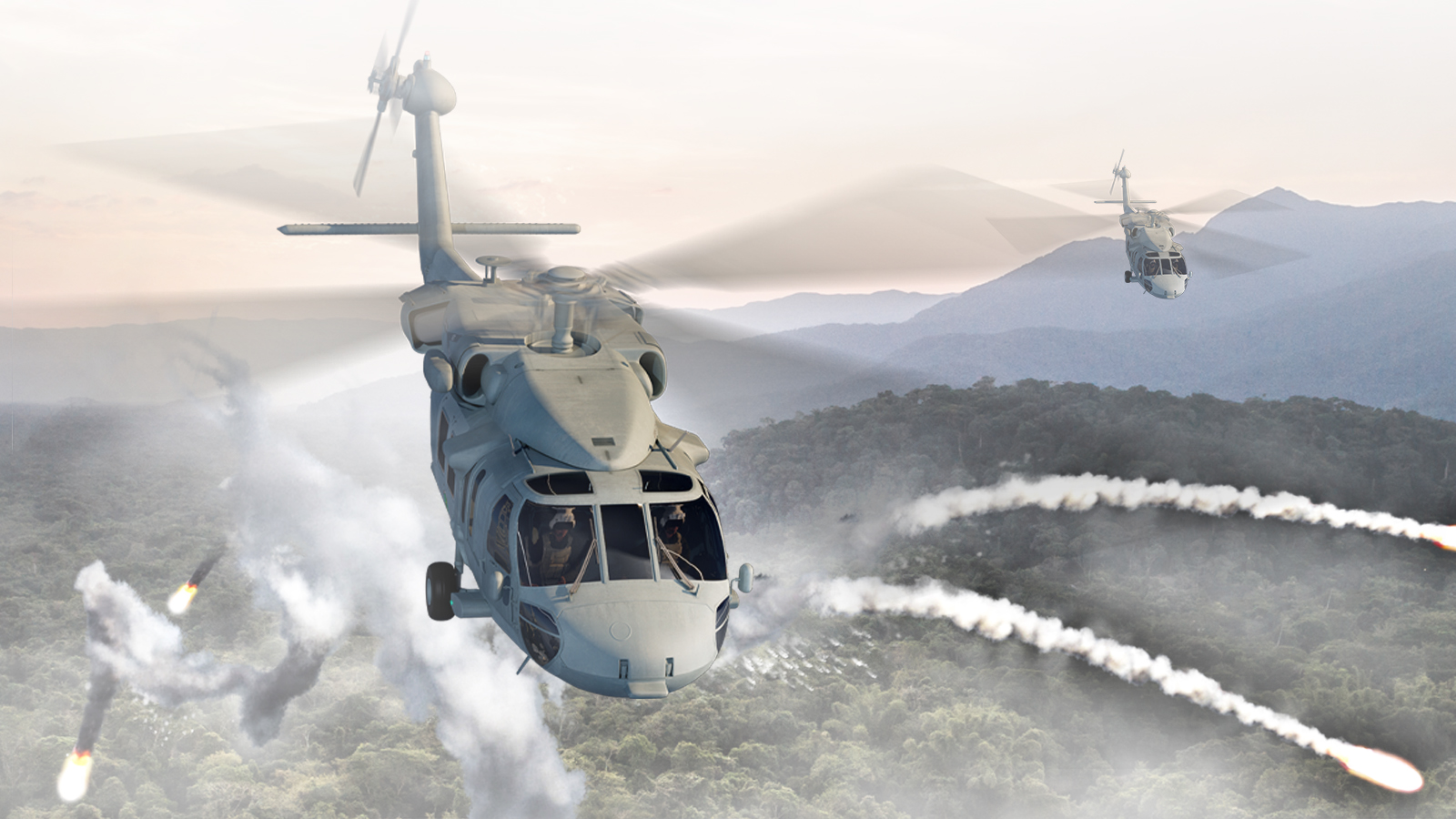 Rotary wing MH-60S Seahawk in flight with mountain range in distance and countermeasures being dispensed from platform. 