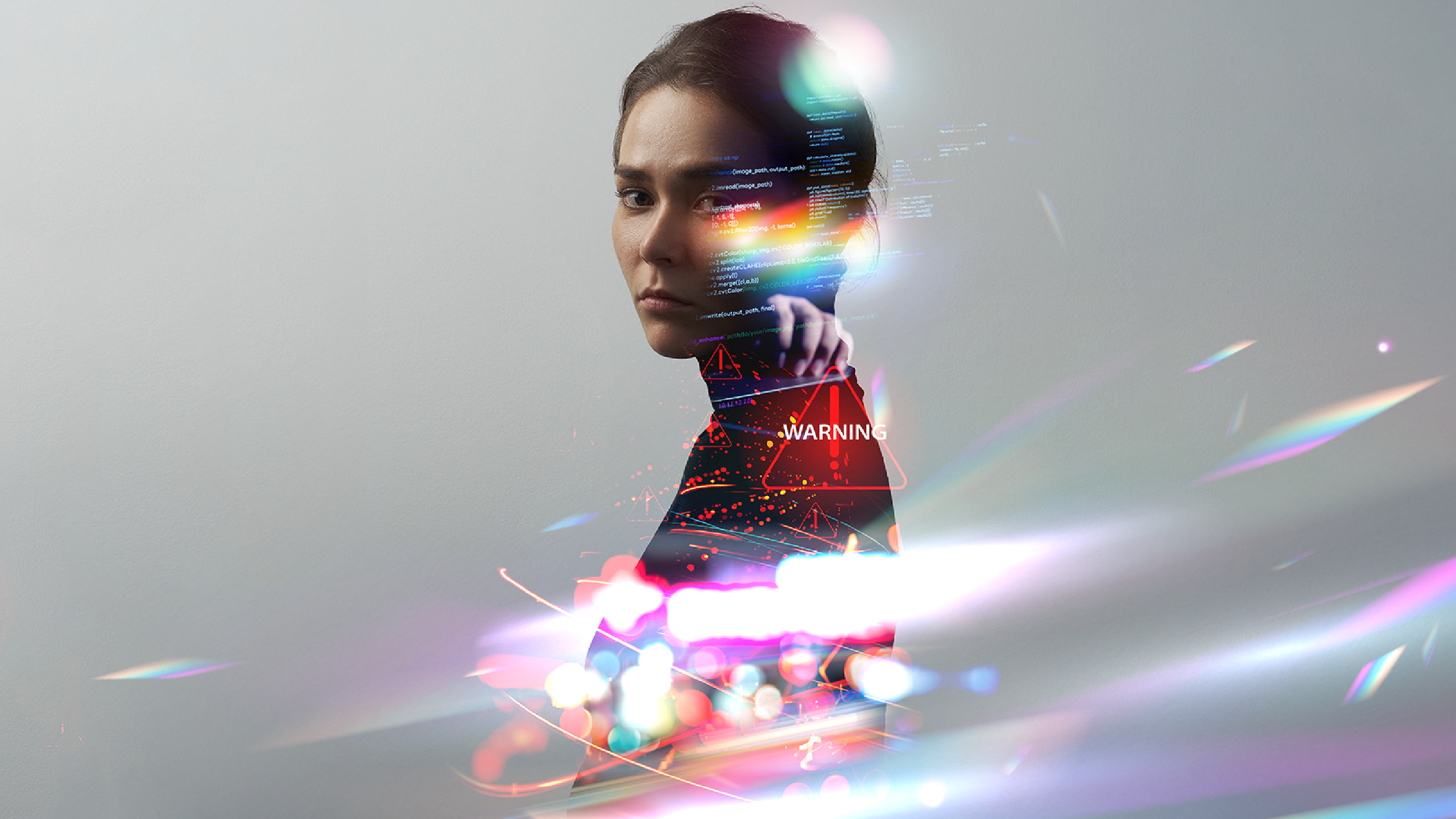Abstract image of a woman with information security warnings