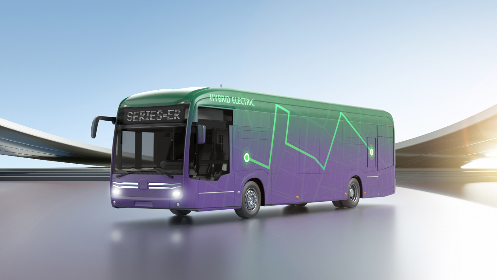 Rendering of a hybrid electric bus to represent BAE Systems Series-E and ER smart electric drive propulsion systems that power transit buses completely electrically, even in zero emissions mode, to meet energy efficiency and clean air goals.