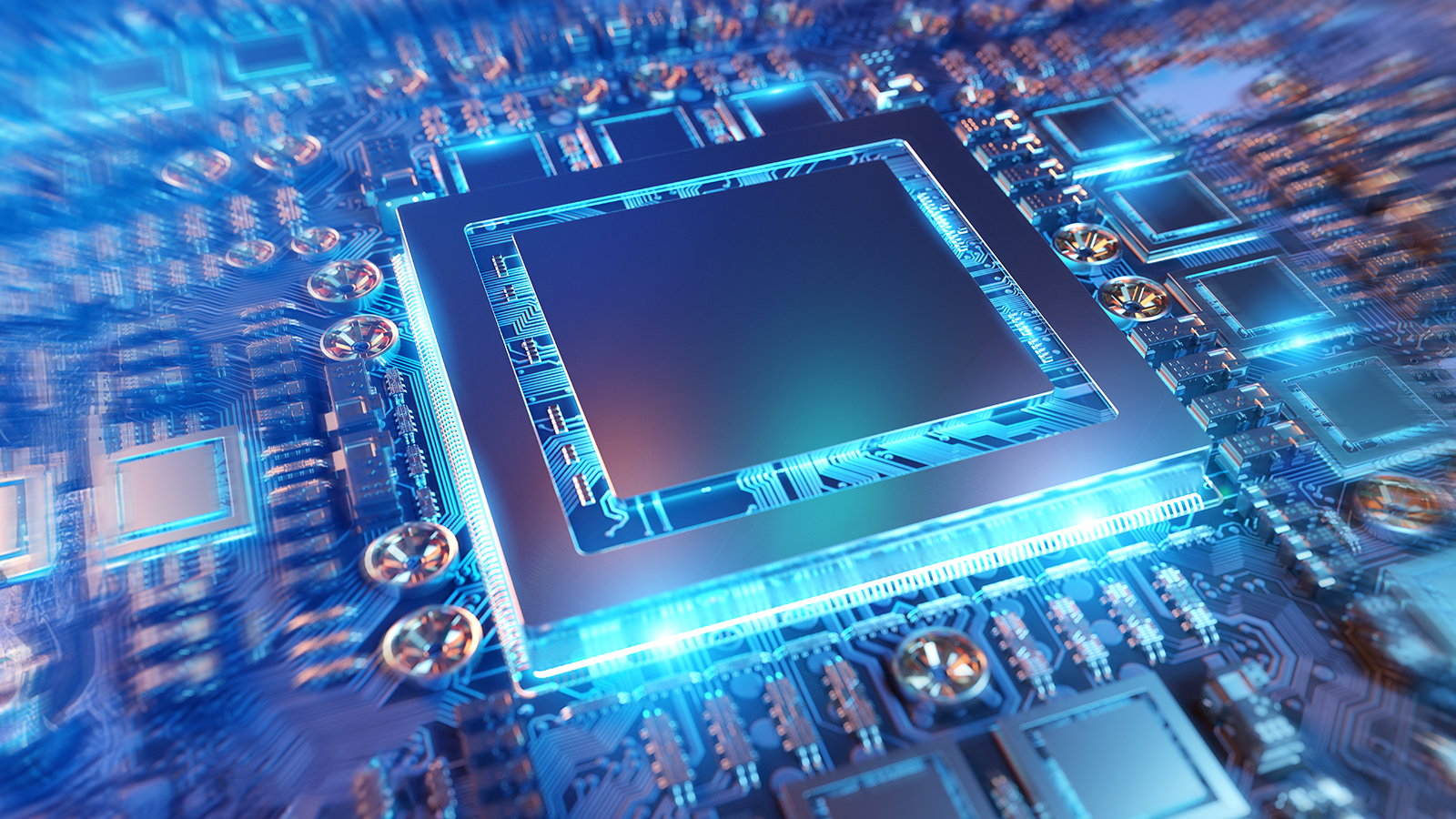 Core signal processor photographed with blue hue, blurry edges