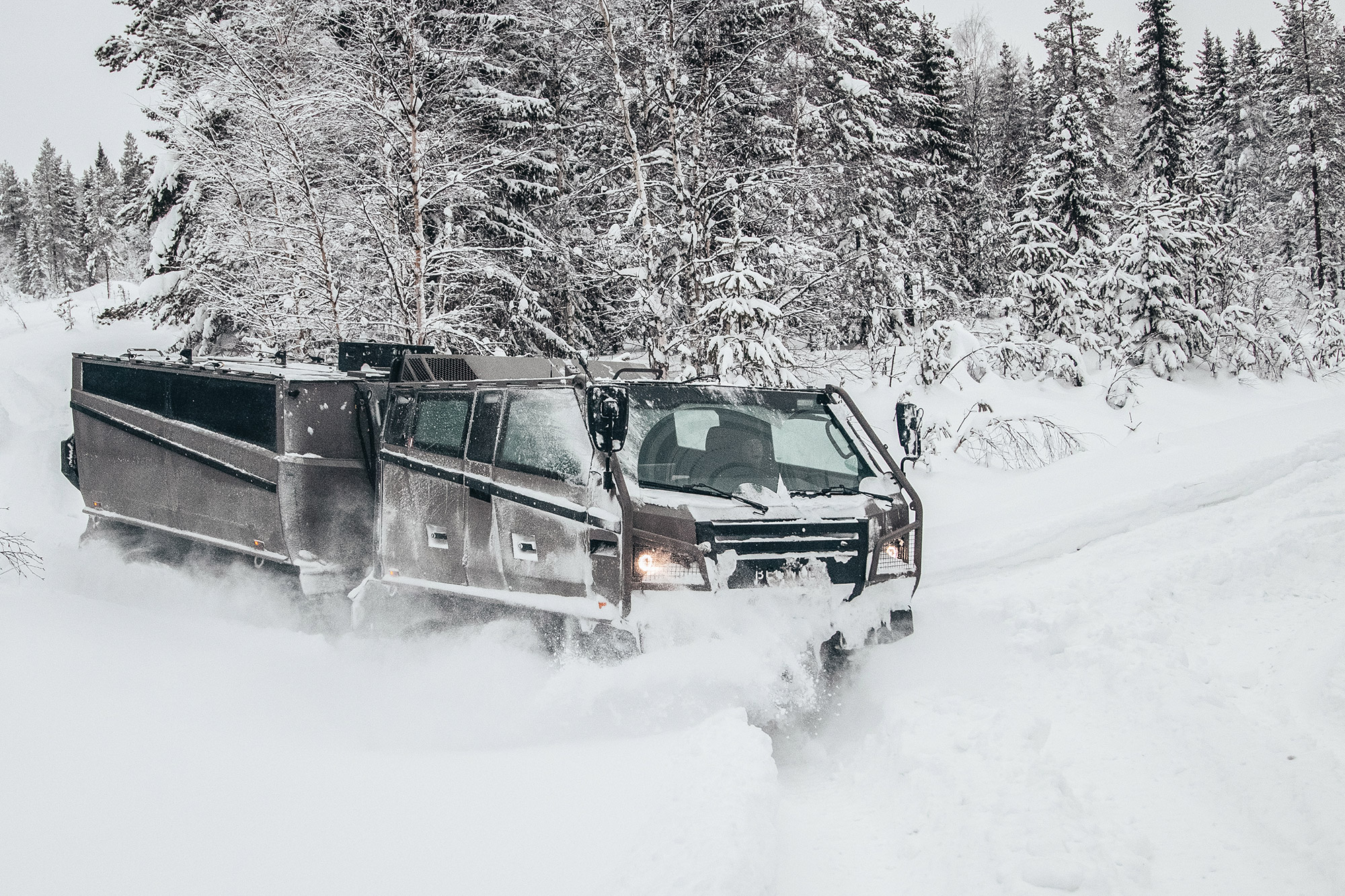 A BvS10 Beowulf driving through a snowy forest