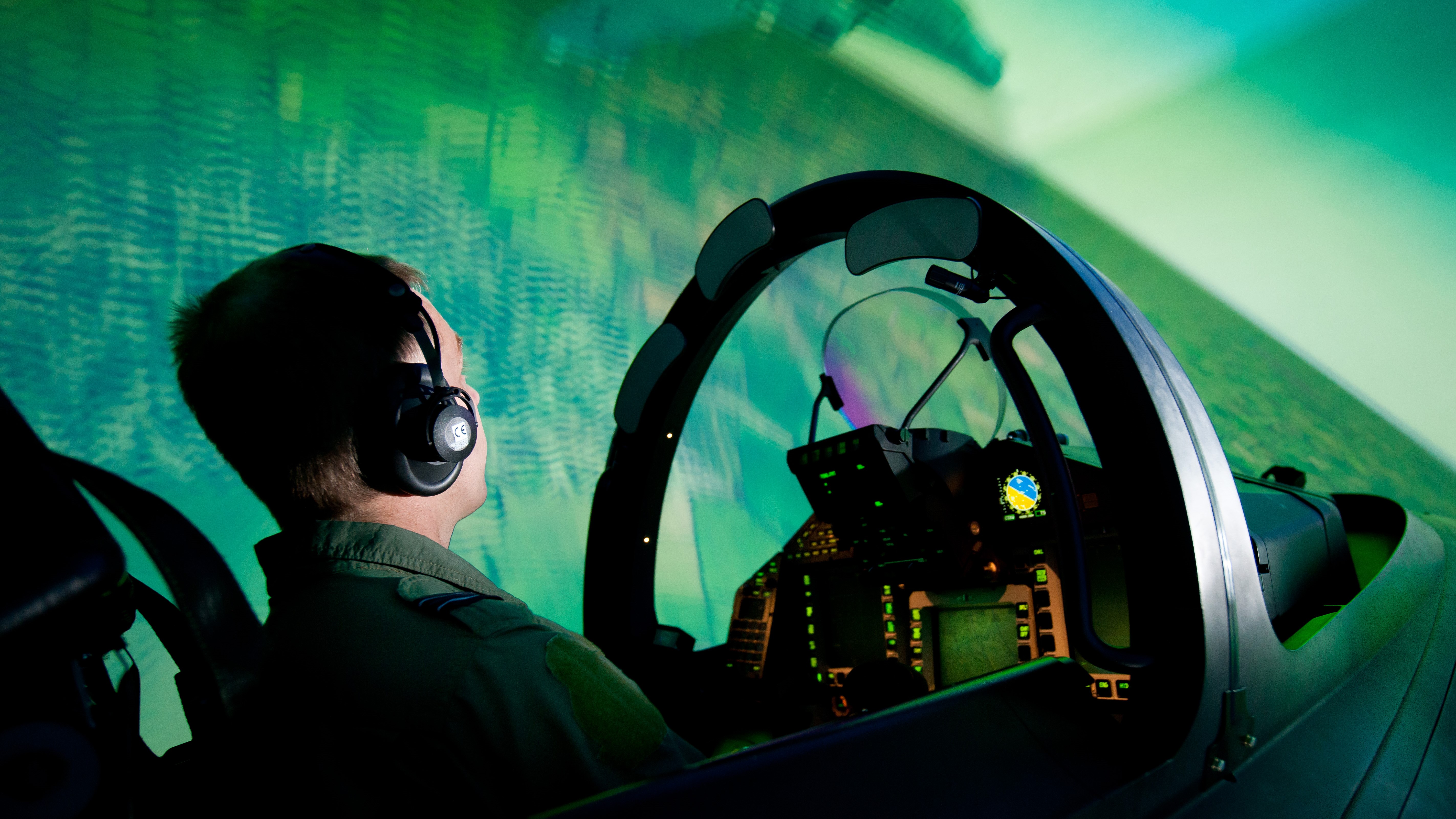 A pilot in a simulator in the Typhoon Training Facility at RAF Coningsby.