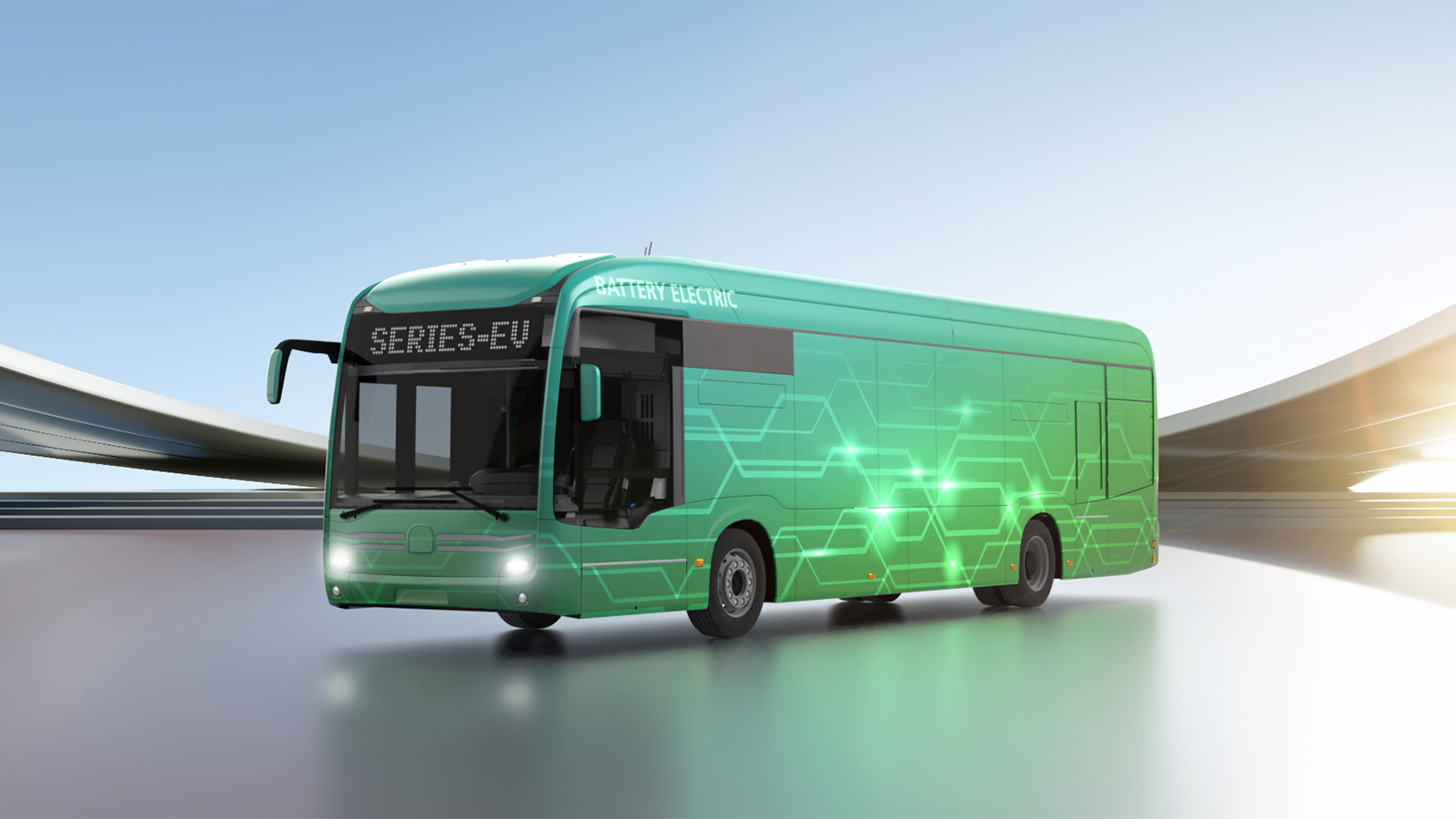 Digital illustration of an all-electric bus, representing BAE Systems Series-EV full electric power and propulsion using battery electric or fuel cell electric configurations, allowing the bus to travel 100% of the time with zero emissions.